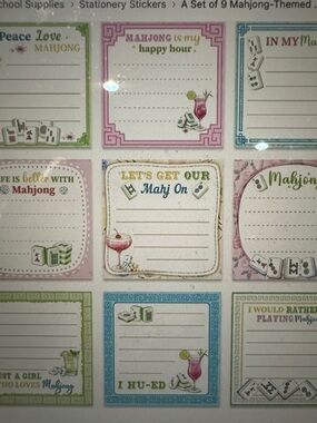 Mahjong-Themed Note sticky pads Pink, Blue, Green Variety , set of nine